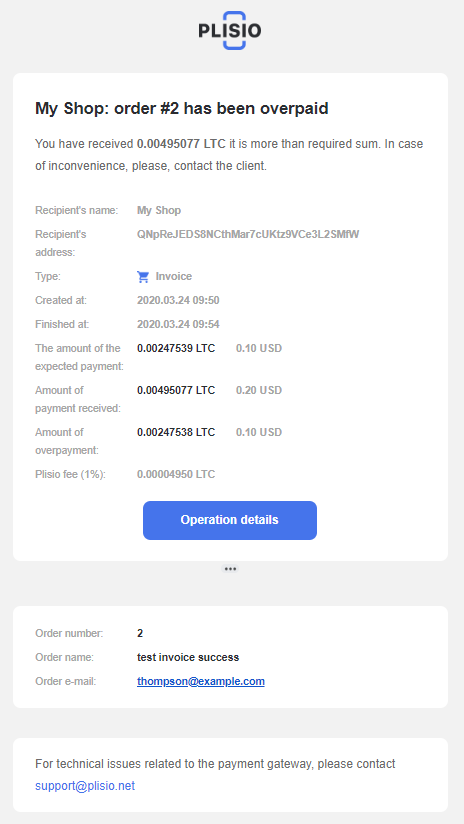plisio invoice overpaid - letter to the store