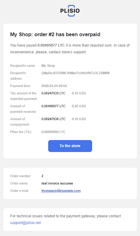 plisio invoice overpaid - letter to the client