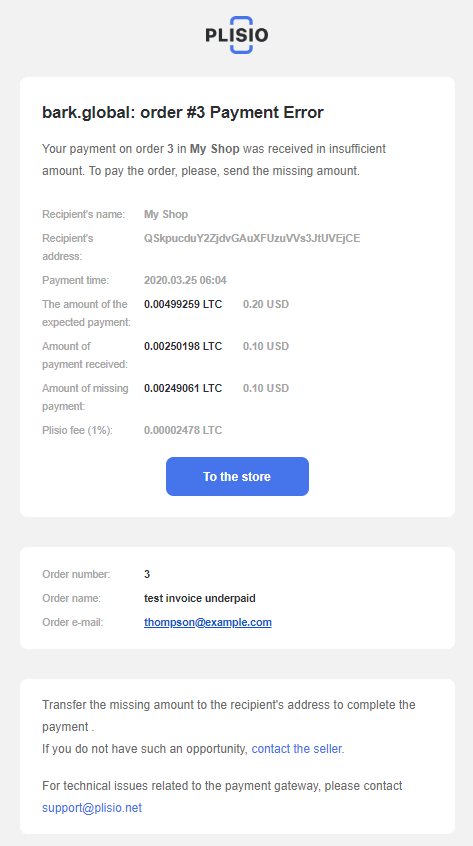 plisio invoice underpaid - letter to the client