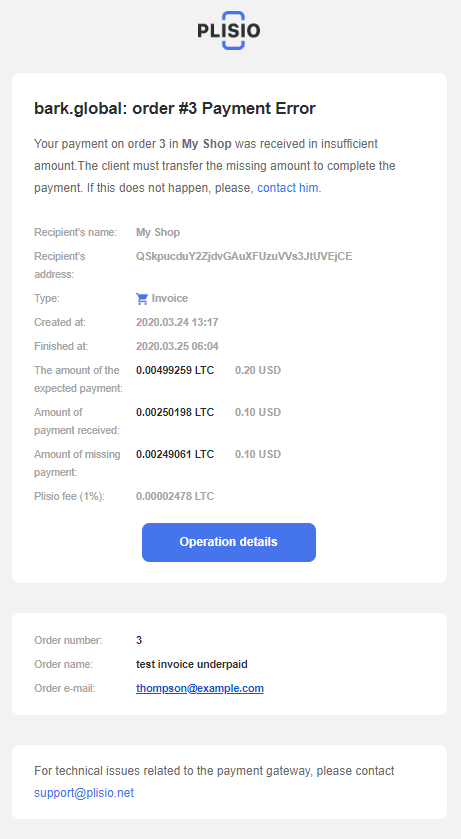 plisio invoice underpaid - letter to the shop