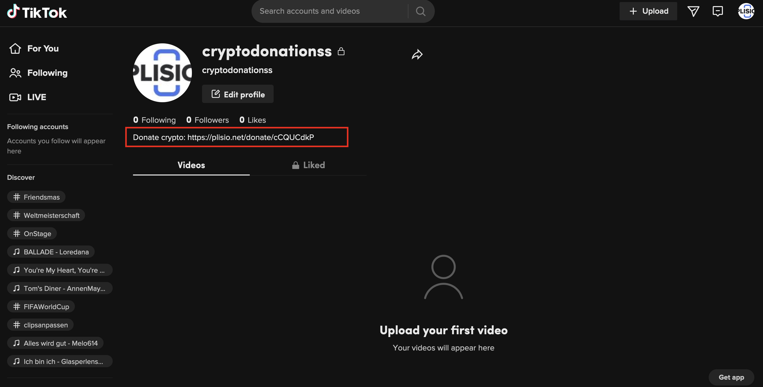 Σελίδα δωρεάς κρυπτονομισμάτων TikTok