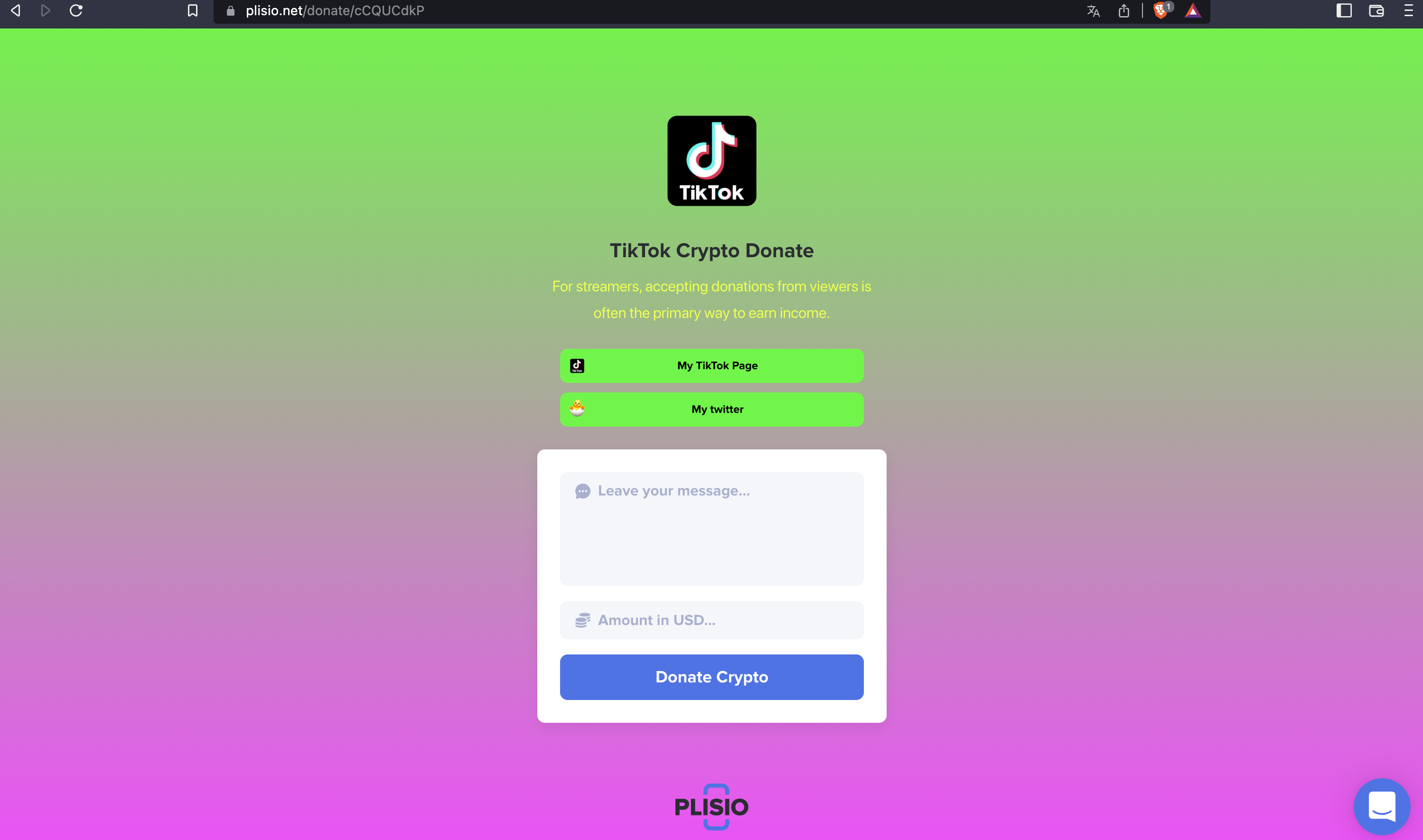 Σελίδα δωρεάς κρυπτονομισμάτων TikTok